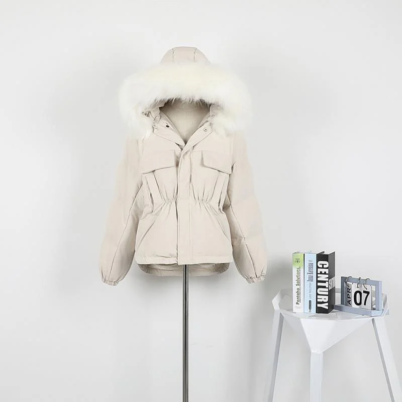 Ailegogo New Winter Warm 90% White Duck Down Parka Women Large Natural Fur Collar Hooded Short Jacket Coat Loose Outwear