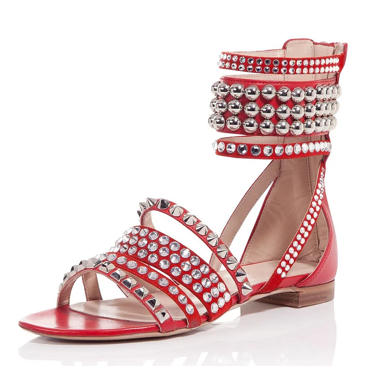 Red Studs and Rhinestone Flat Gladiator Sandals |FSJ Shoes