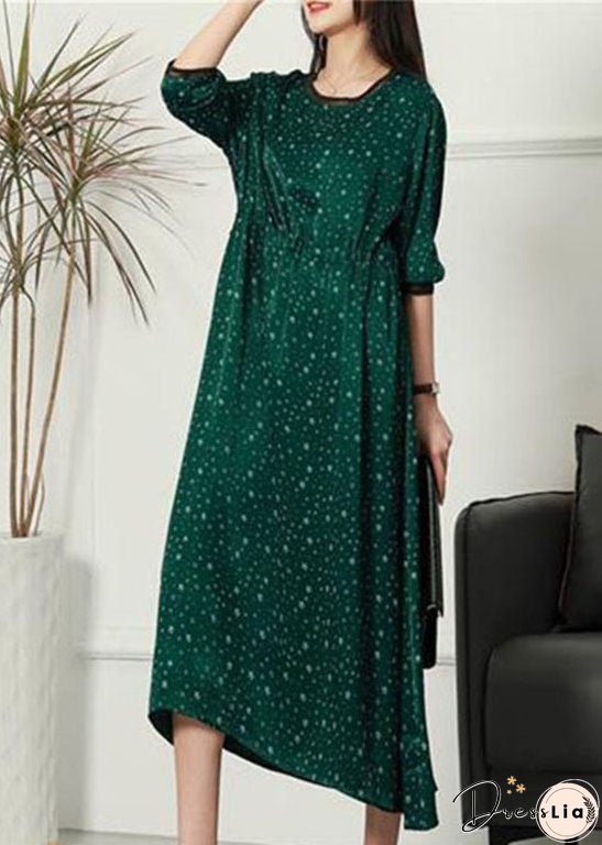 Women Green O Neck Print Patchwork Thin Silk Dresses Spring