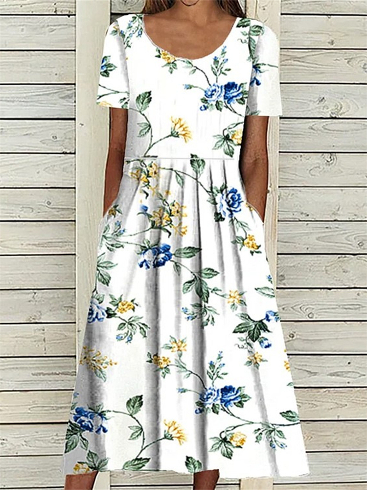 Elegant Floral Pleated Wide Skirt Maxi Dress wearshes