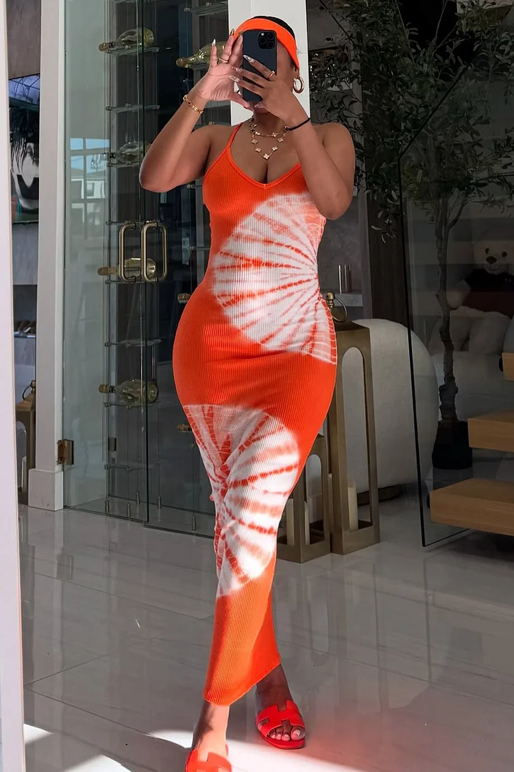 Tie Dye Print V Neck Bodycon Vacation Slip Maxi Dresses-Orange [Pre Order]