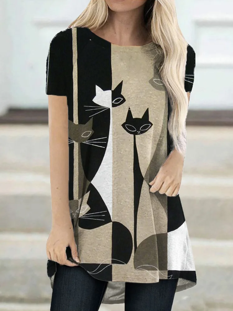 Colorblock Cats Art A Line T Shirt