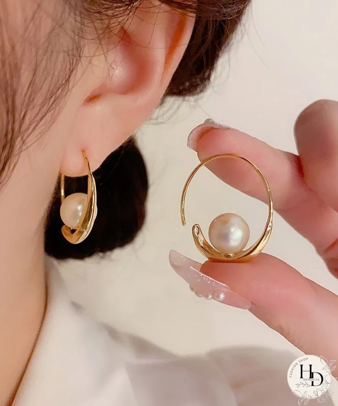 Regular Gold Copper Overgild 14K Gold Zircon Pearl Hoop Earrings