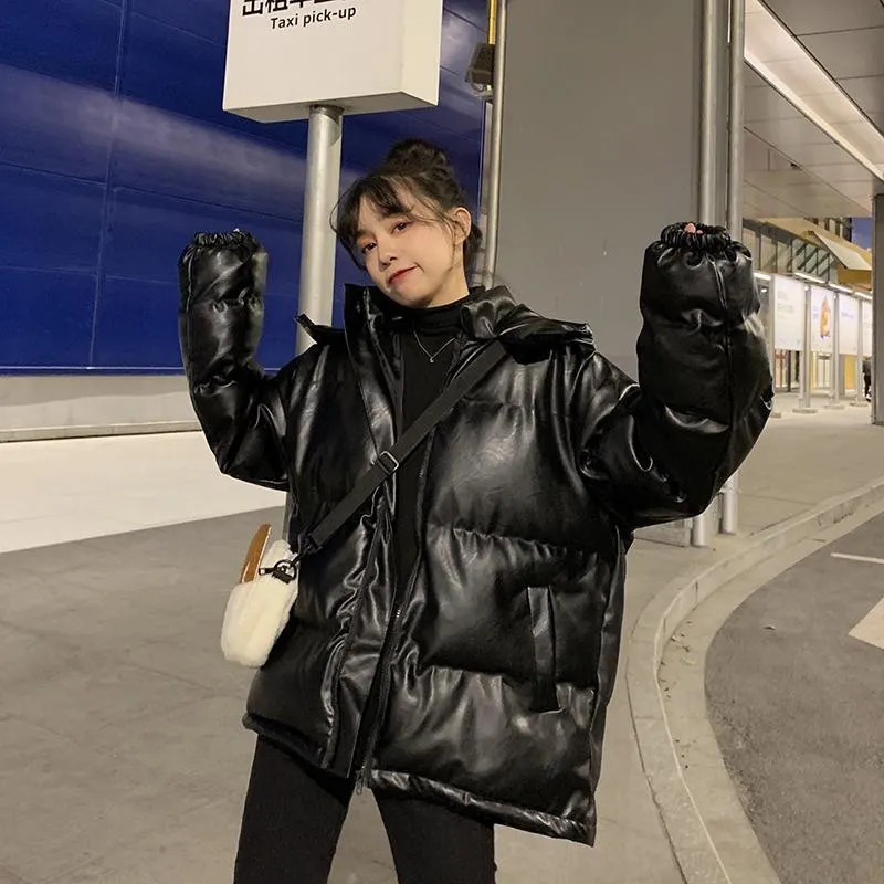 Uveng 2020 New PU Leather Hooded Jacket Women Korean Loose Black Warm Thick Cotton-Padded Coat Chaqueta Mujer Female Clothing