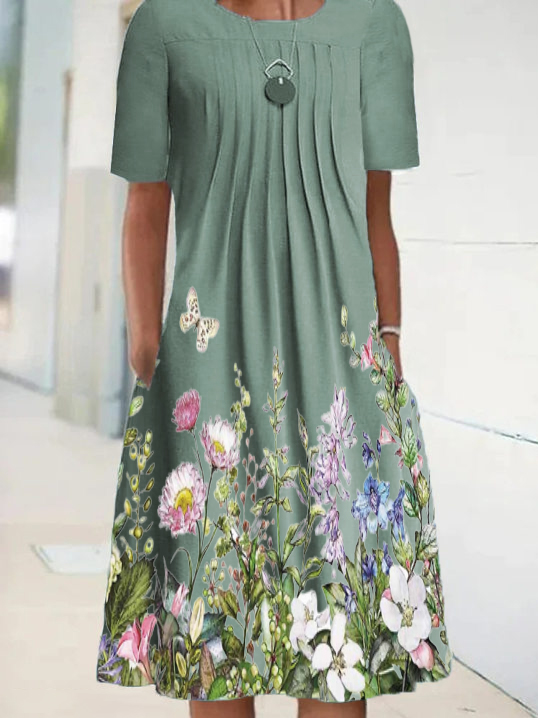 Floral A-Line Short Sleeve Crew Neck Dresses