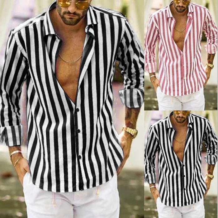 Men's Cotton Linen Striped Button Down Long Sleeve
