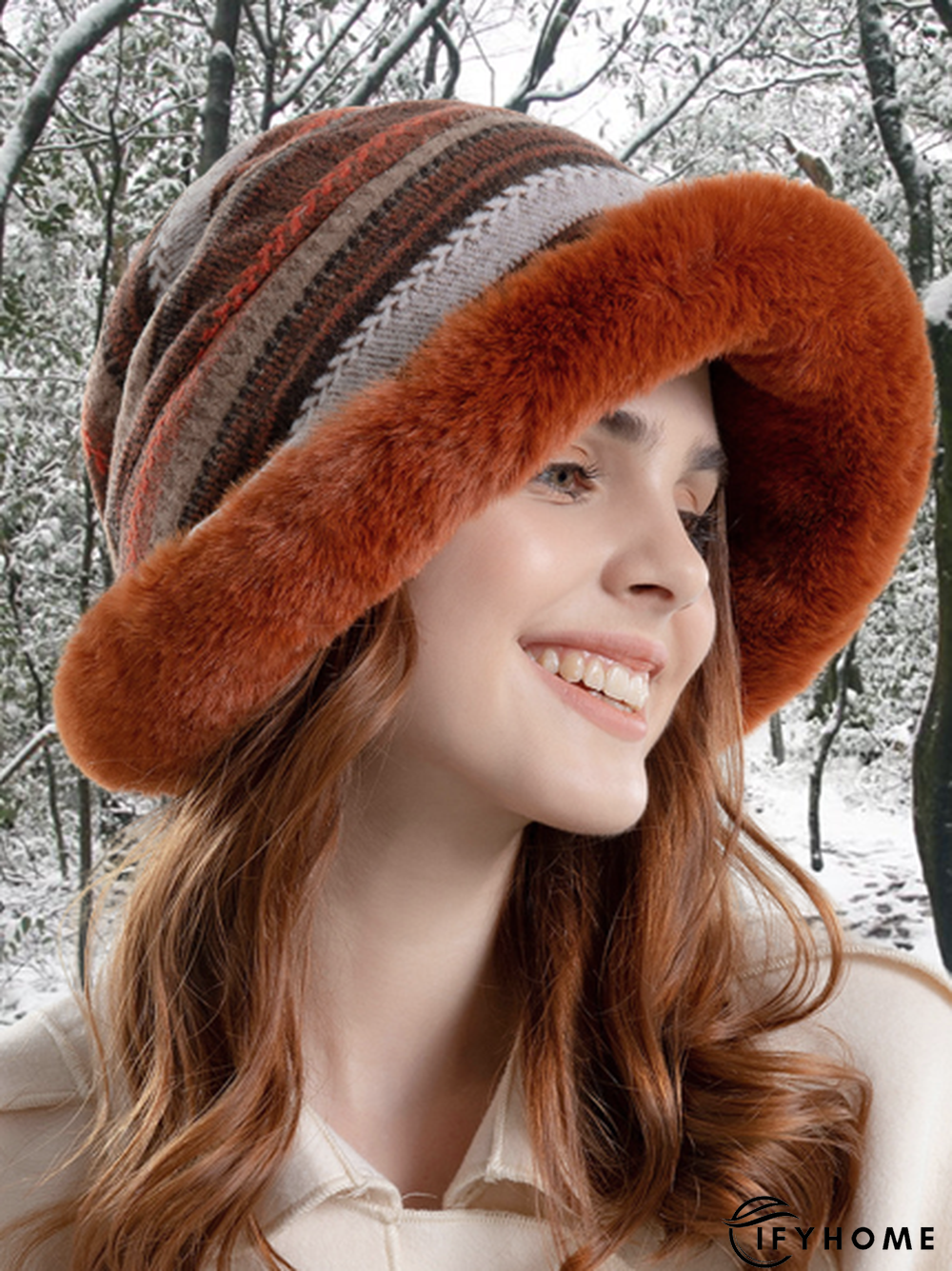 Casual Multicolor Striped Faux Fur Wide Brim Hat Beanie Daily Outdoor Accessories | IFYHOME