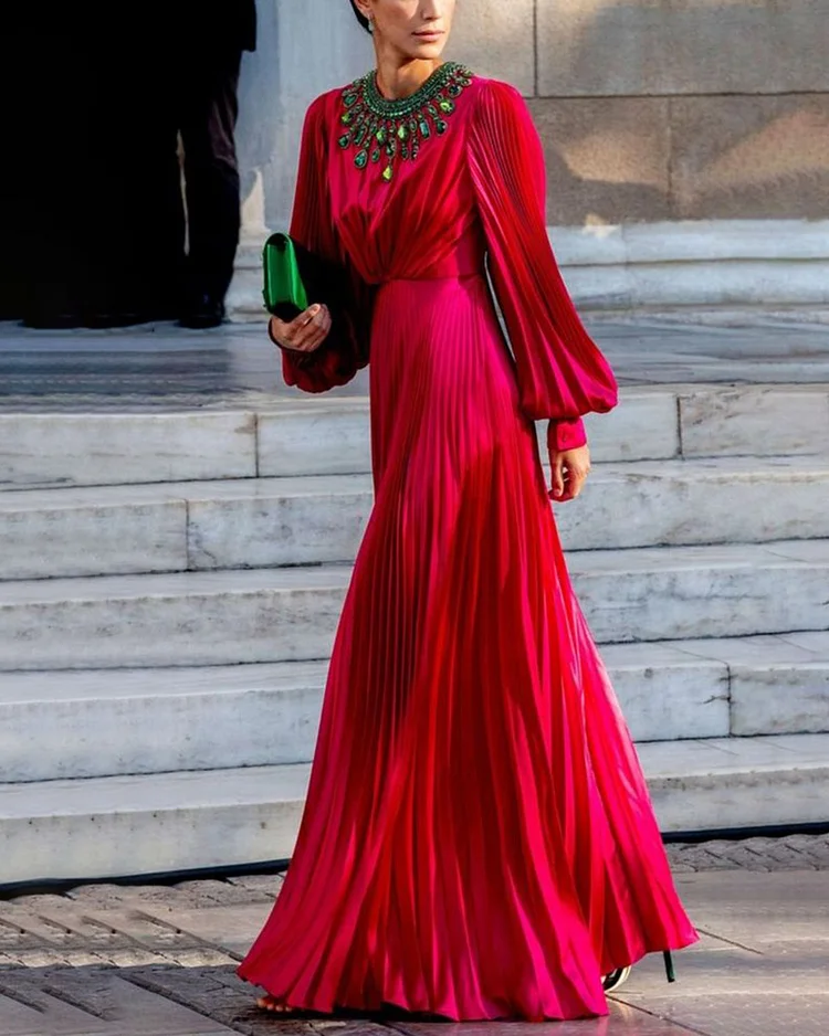 Elegant embellished velvet pleated dress