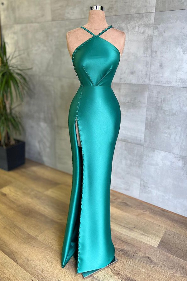 Bellasprom Jade Halter Sleeveless Prom Dress Mermaid With Slit Buttons Bellasprom