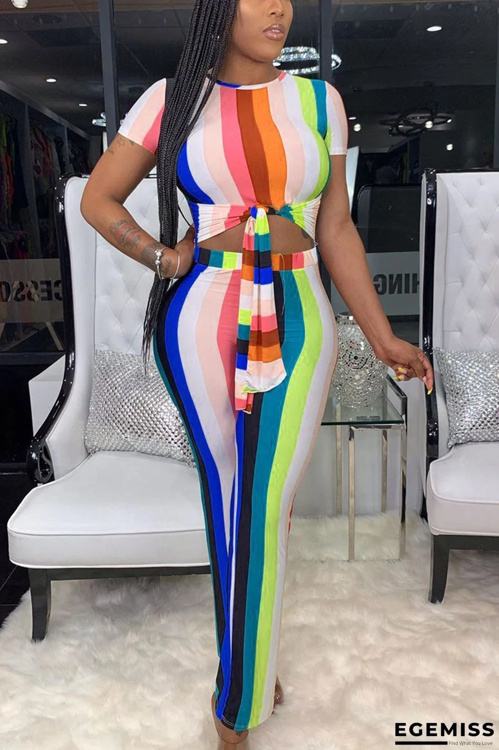 Blue Sexy Round Neck Strap Striped Slim Jumpsuit | EGEMISS