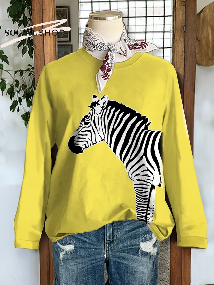 Zebra Fun Animal Print Round Neck Long Sleeve Sweatshirt socialshop