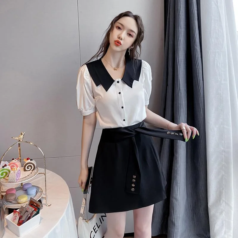 Lapel Chiffon Tee+black Skirt P13068