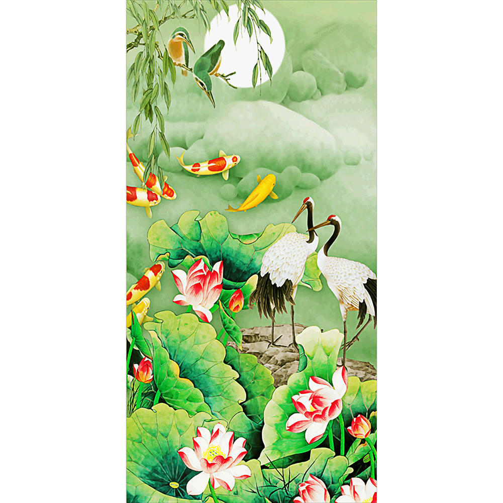 

45*85CM - Round Drill Diamond Painting - Lotus Pond and Crane, 501 Original