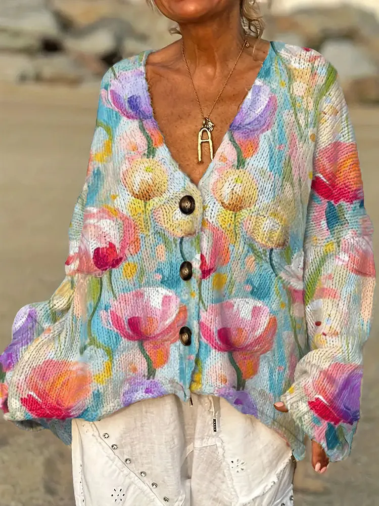 Women's Vintage Flower Art Print Casual Pullover Sweater