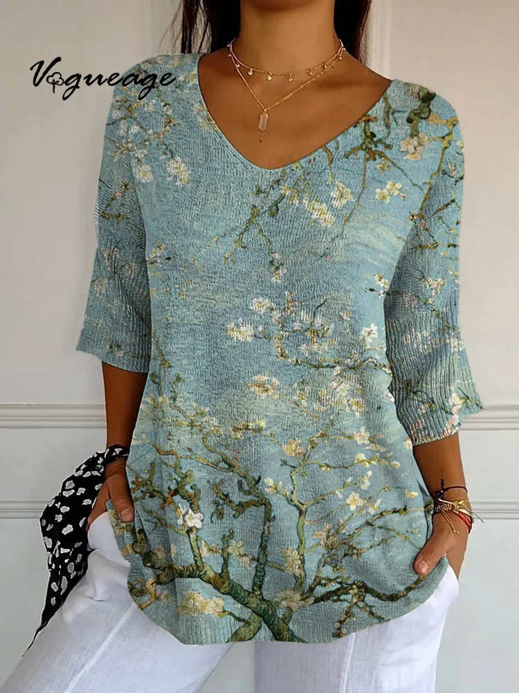 Light And Comfortable Flowers And Plants Printed Knitted Sweater