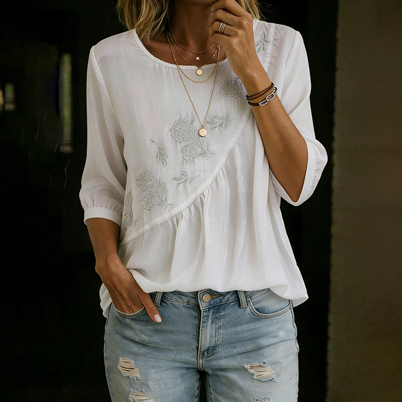 Women's Vintage Floral Embroidery Irregular Pleated Design Linen T-shirt elevenforest