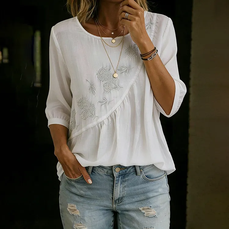 Women's Vintage Floral Embroidery Irregular Pleated Design Linen T-shirt
