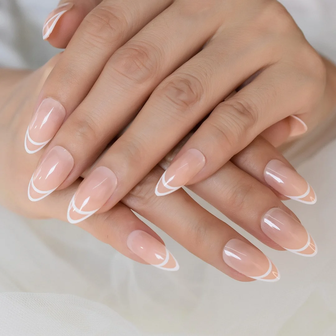 Double Smile Line French Nail Nude Natural Color Artificial Press On Nails for Lady Almond Medium Size Manicure Tips 24 CT-Nail Inspo