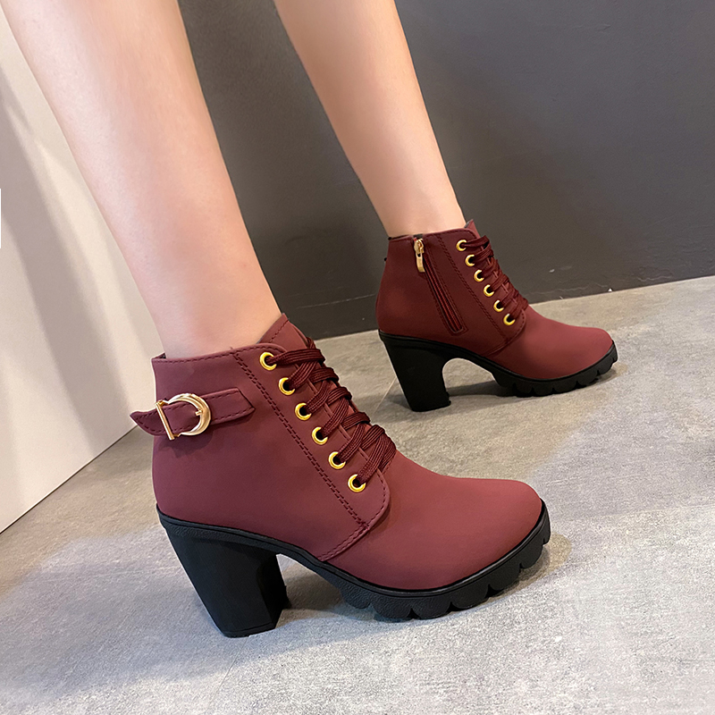 Gamistine Metal buckle high-heeled women's boots 2025 spring and autumn new fashion British style side zipper short tube women's boots