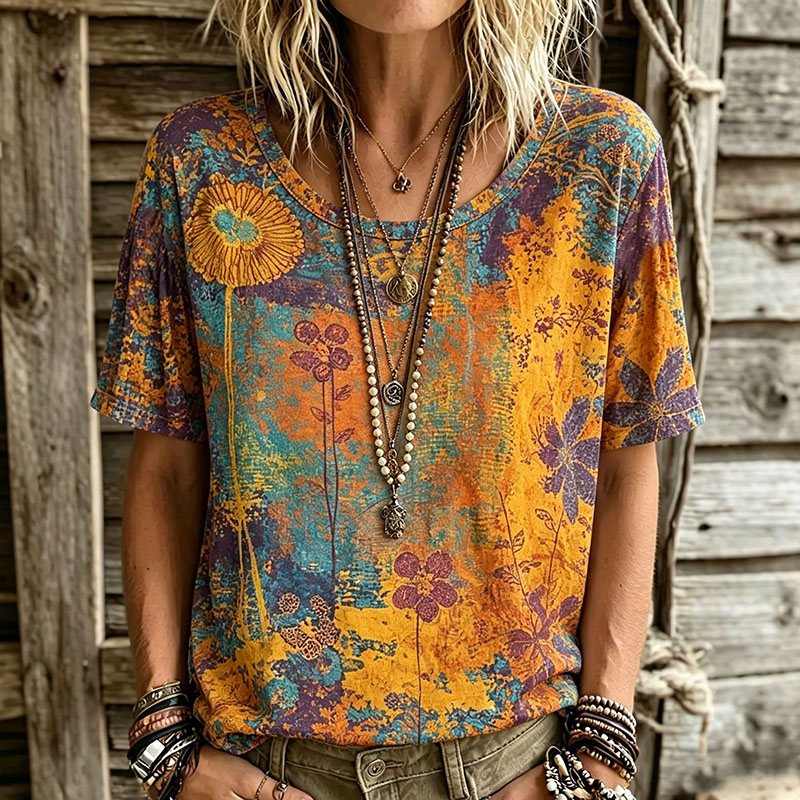 Comstylish Women's Floral Art Print Linen Blend Casual Crew Neck T-shirt