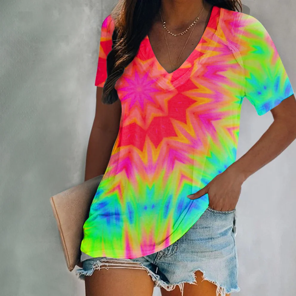 Ladies tie-dye printed V-neck loose T-shirt