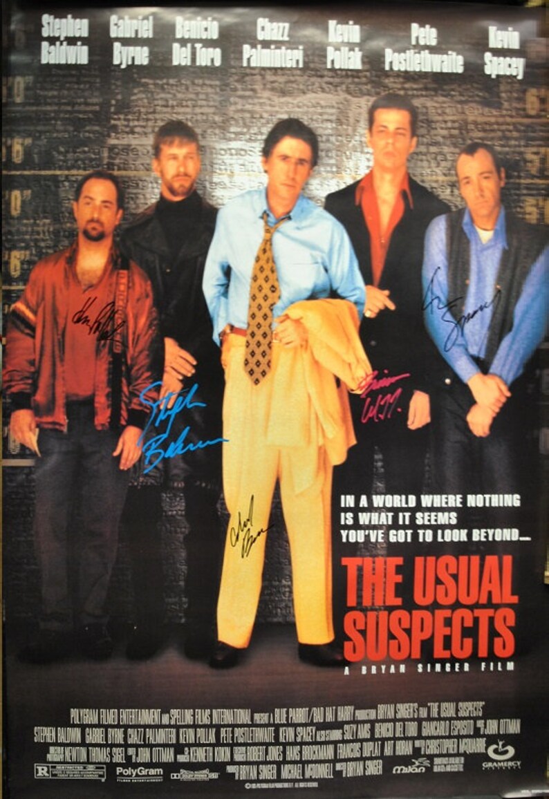 THE USUAL SUSPECTS cast Signed Poster x5 Kevin Spacey, Benicio del Toro, Stephen Baldwin, Gabriel Byrne, Kevin Pollak 27x 40 wcoa