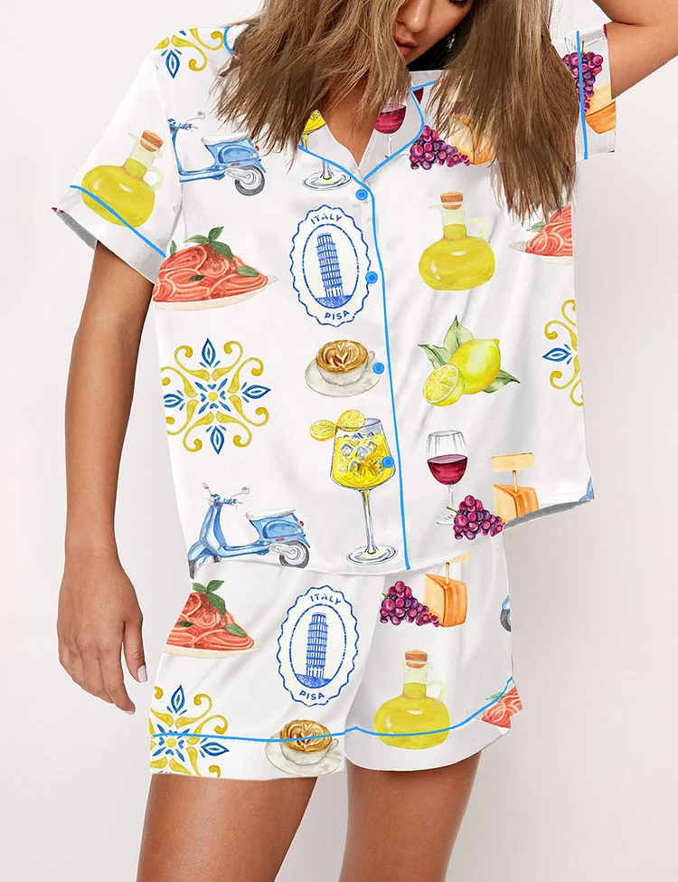 Women’s Amalfi Coast Social Club Capri Italy Lemon Tree Aperol Spritz Short Sleeve Satin Pajama Set