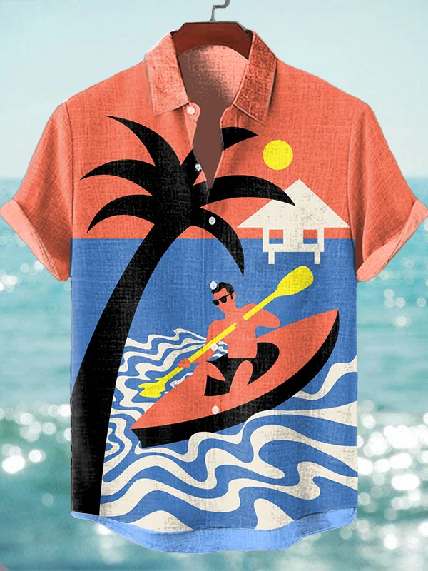Men's Sunset Landscape Surfing Print Vacation Shirt