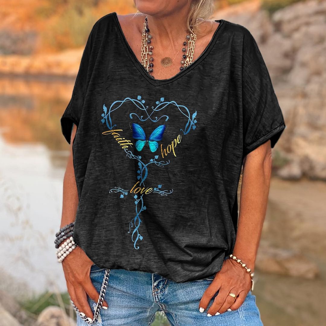 Faith Hope Love Printed Dreamy Blue Butterfly Patterns Tees