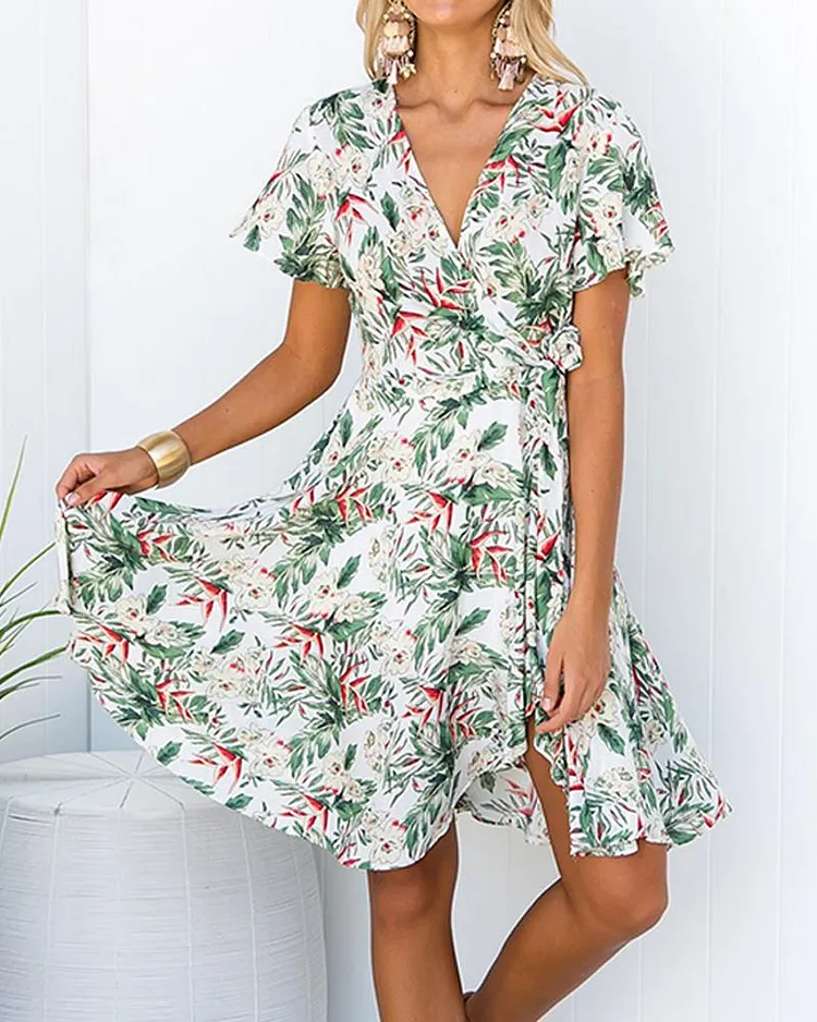 V Neck Floral Printed Mini Dress