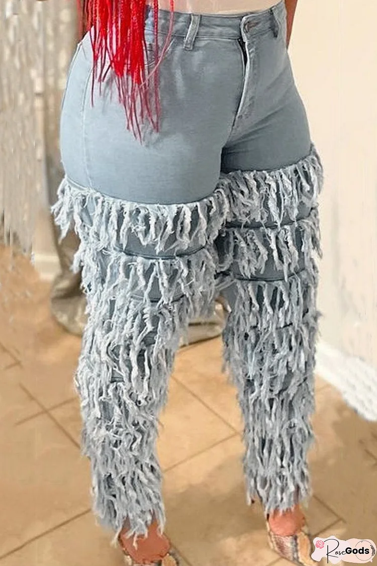Denim Tiered Tassels Pocket Jeans