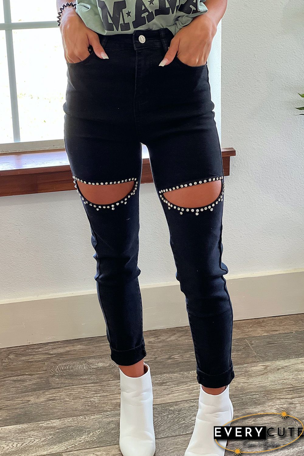 Black Rhinestone Cutout Skinny Jeans