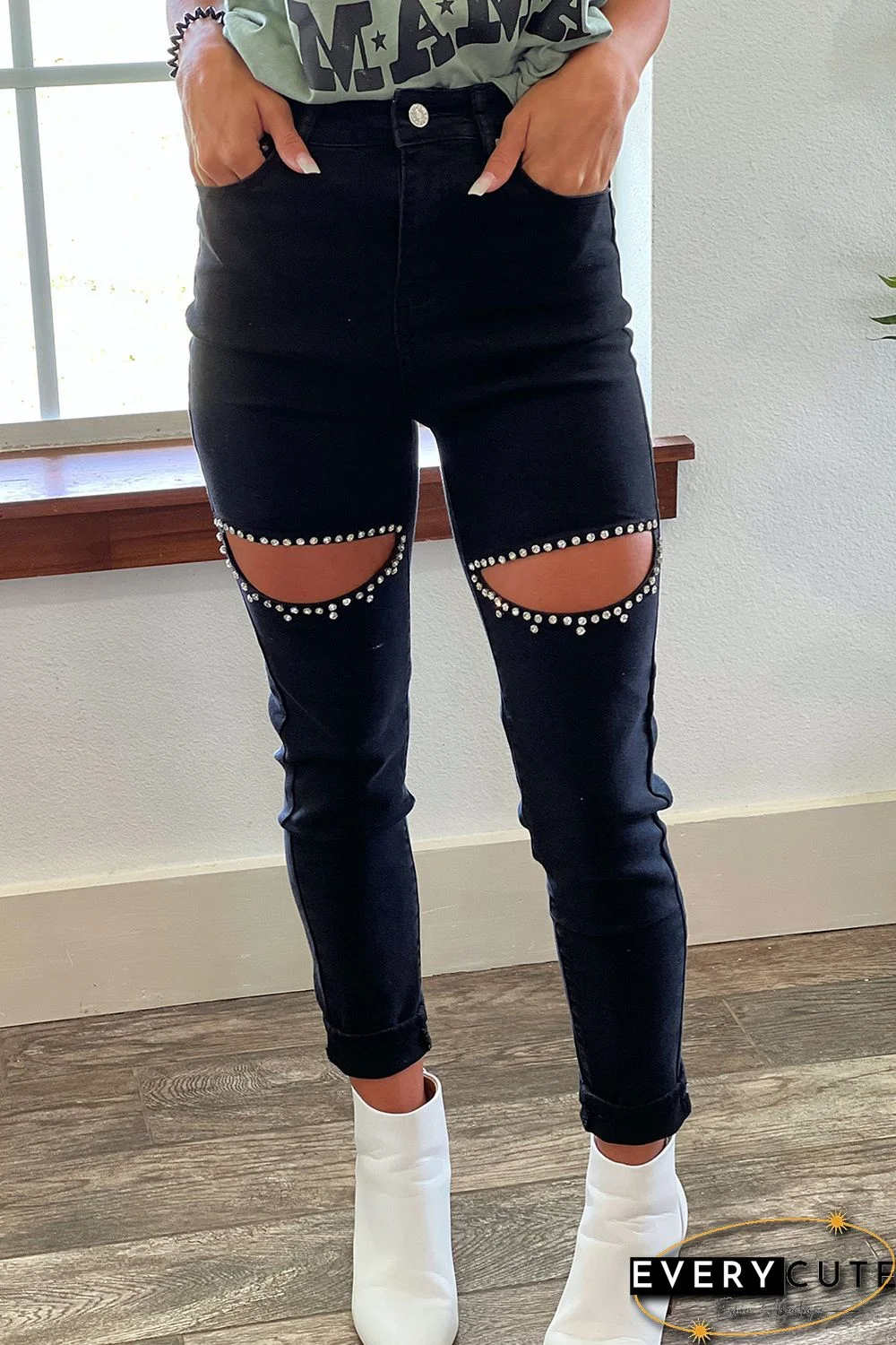 Black Rhinestone Cutout Skinny Jeans