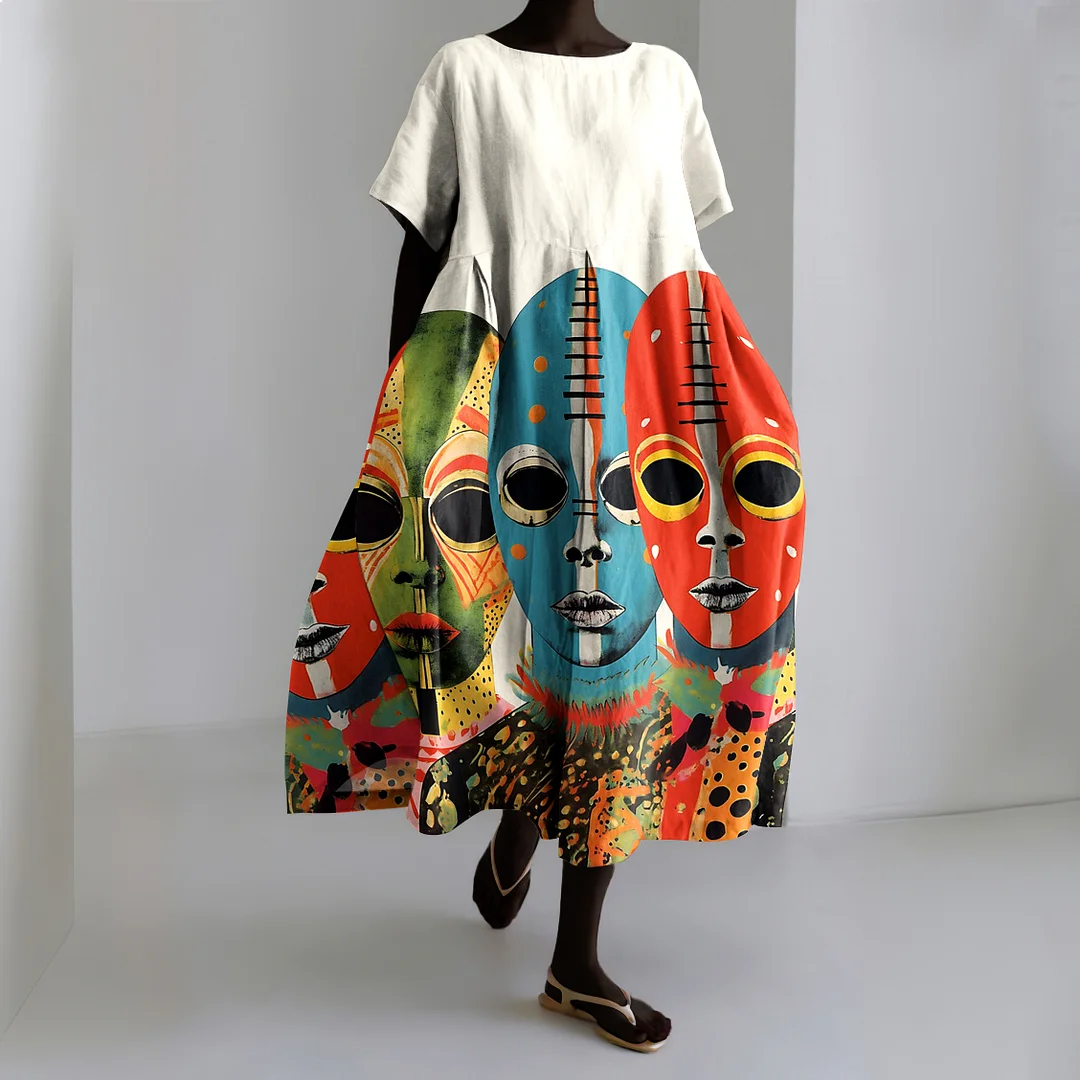 Vintage African Art Abstract Geometric Mask Print Linen Dress
