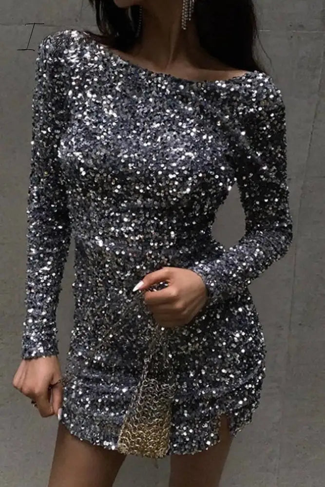 Ingvn - Sexy Solid Backless Sequined O Neck Wrapped Skirt Dresses Grey / S Dresses/Party