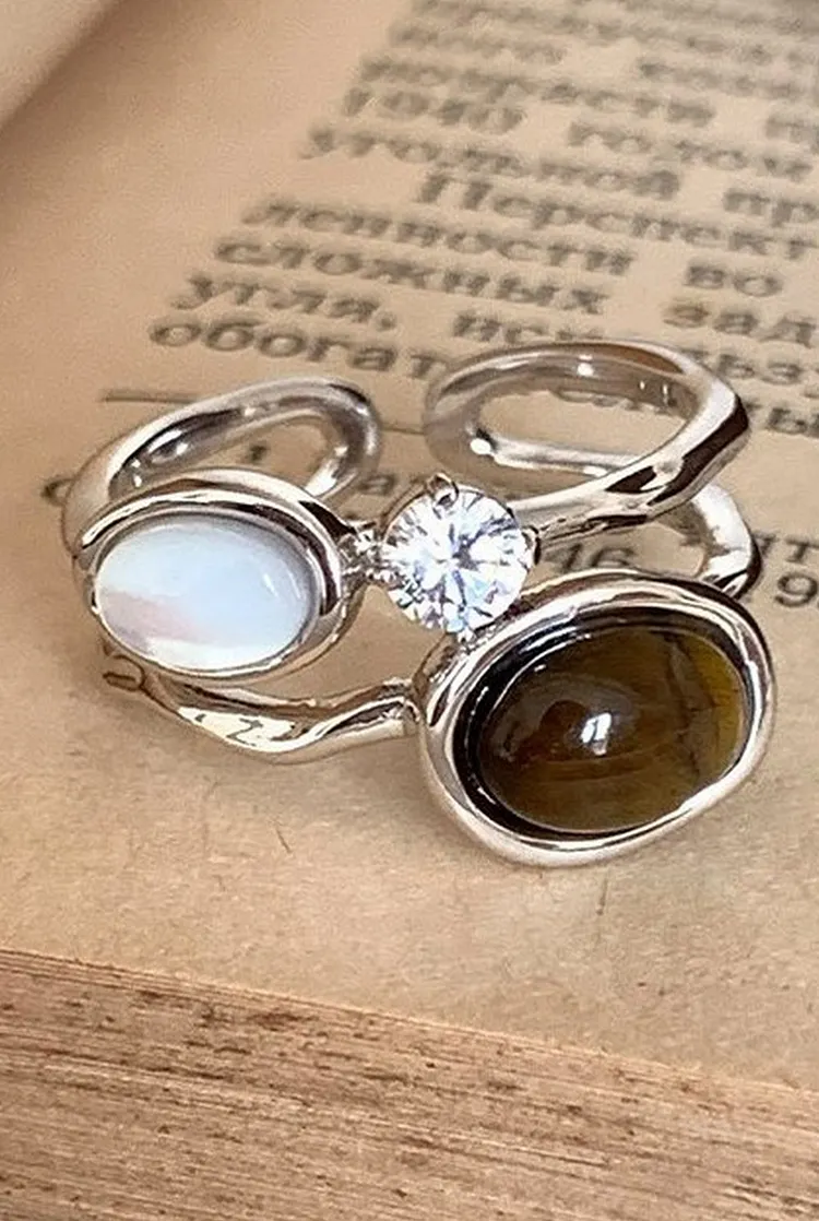 Double Layer Adjustable Ring with Tiger's Eye and Rhinestones