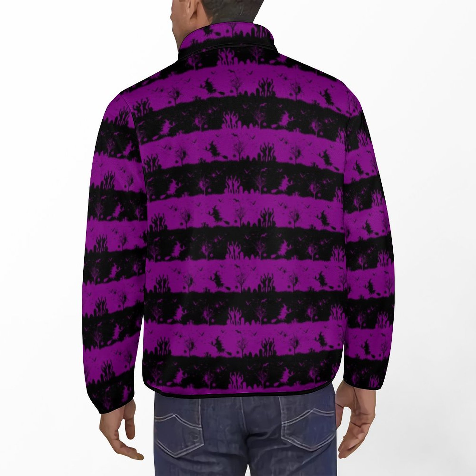 Zombie Purple And Black Halloween Nightmare Stripe Mens Sweatshirt Long Sleeve Outdoor Stand Collar Button Pullover Sweatshirts