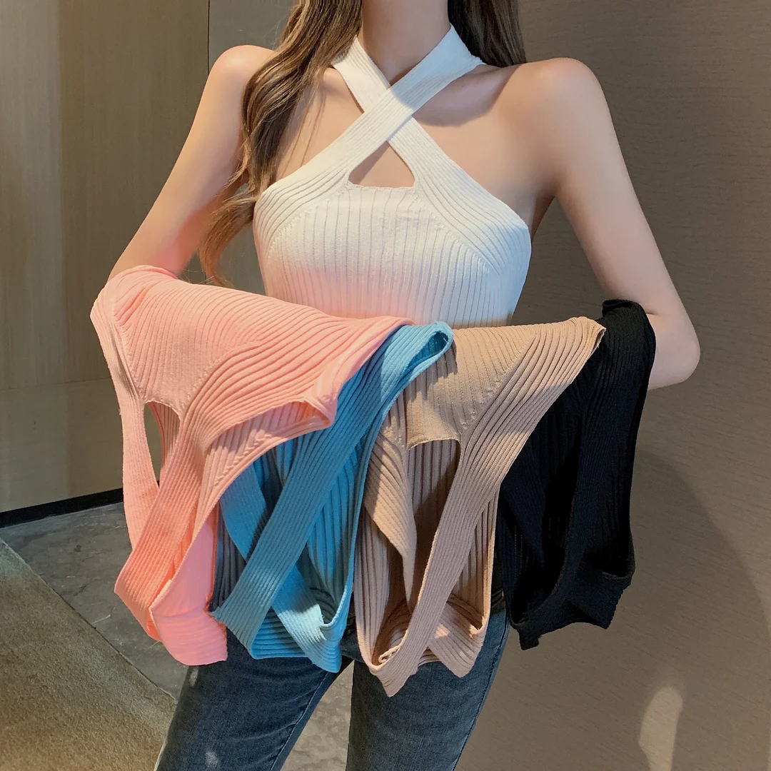 Uveng Uveng Summer New Small Sexy Black Thin Hanging Neck Cross Knitting Umbilization Sling Bottom Vest Woman