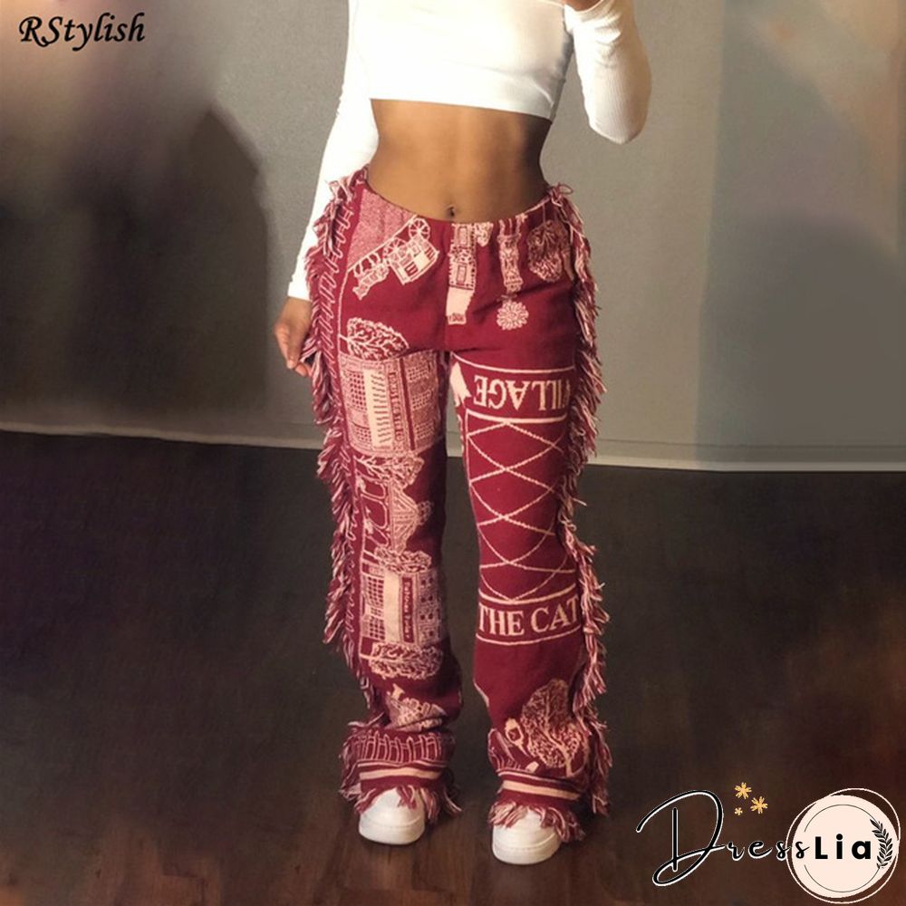 Side Tassels Patchwork Elastic Waist Women Print Jogger Pant
