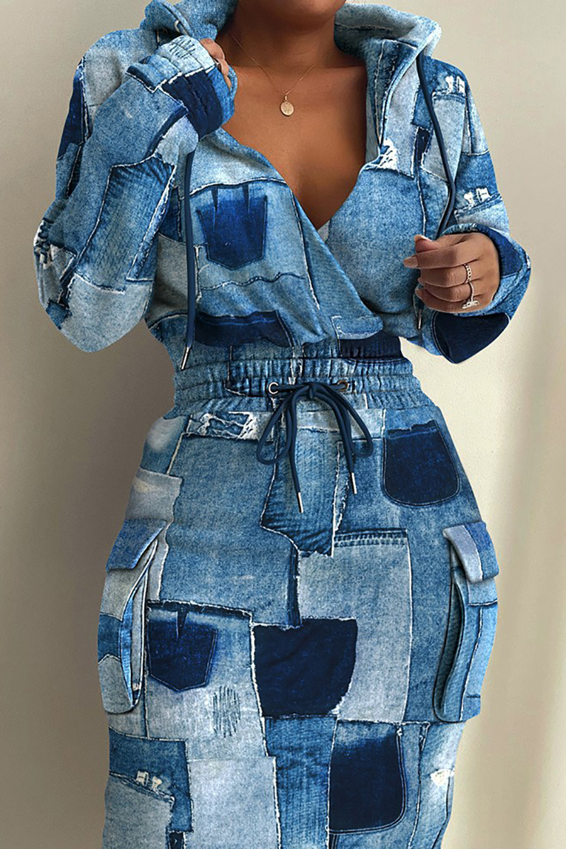 Plus Size Casual Camouflage Print Hooded Pullover Long Sleeve High Waist Pullover Pocket Mini Dress