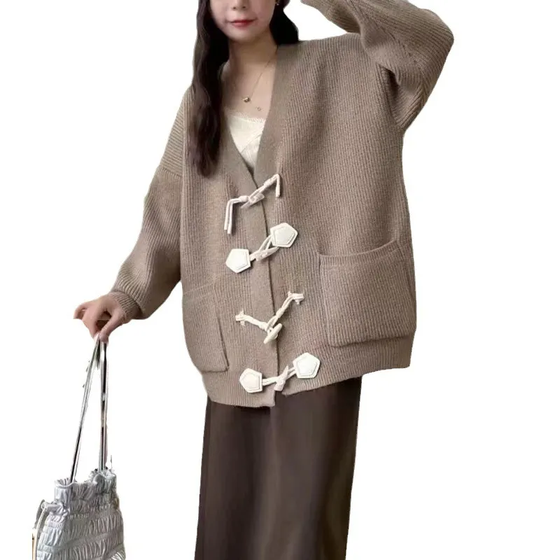 Churchf Churchf Winter Korean Department New Style Ox Horn Buckle Knit Cardigan Languid Lazy Wind Sweater Design Feeling Loose Fashionable Casual Jacket Female