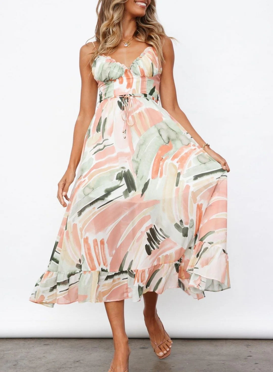 Women's Dresses Color Block Ruffle Belted Cami Midi Dress