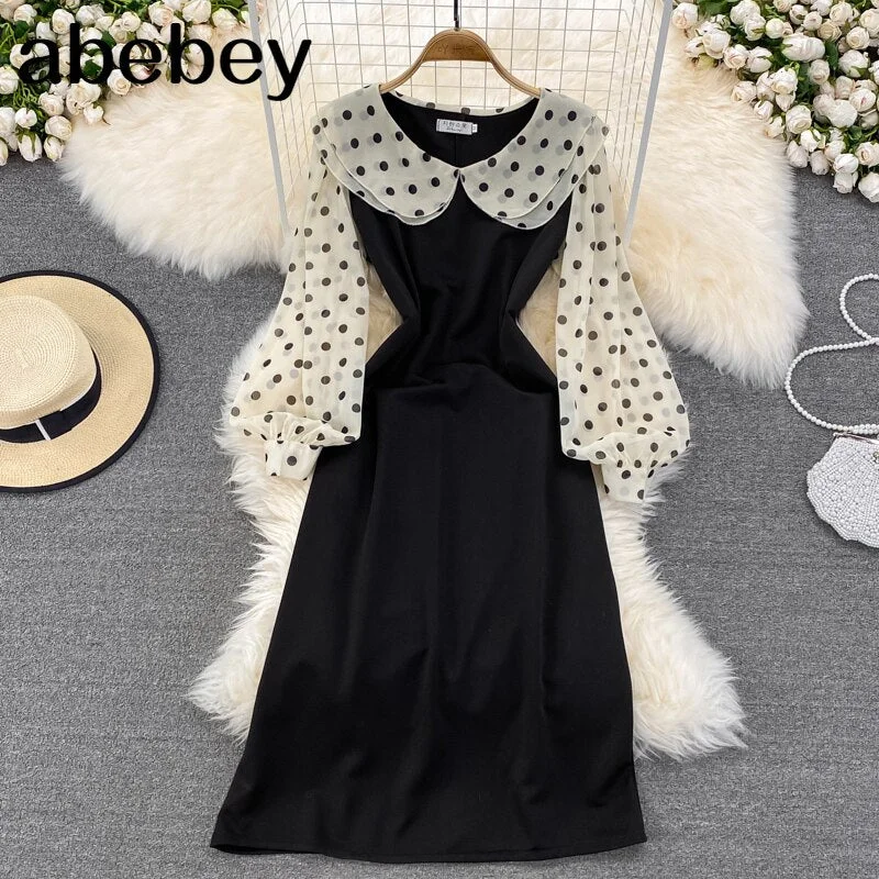 2023 New Spring Autumn Korean doll collar long sleeve Dress hit color polka dot patchwork high waist mid-length A-line Dress