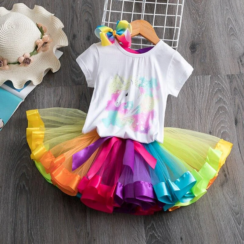 2021 New Summer Girls Unicorn Clothes Sets 2PCS Short Sleeve Cartoon Print T Shirts + Fluffy Tutu Skirts Unicornio Girl Clothing