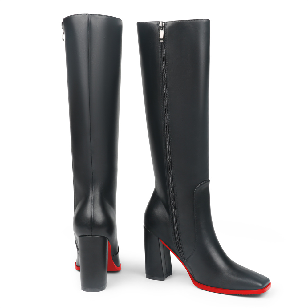 95mm Women's Knee Boots Red Bottom Block Chunky Heels Zipper Fashion Sexy Daily Matte Boot-MERUMOTE
