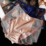 Bayuyun Women Panties Lace Flower Embroidery Female Briefs Mid Waist Elastic Soft Breathable Anti-septic Glossy Ice Silk Lady Underwear