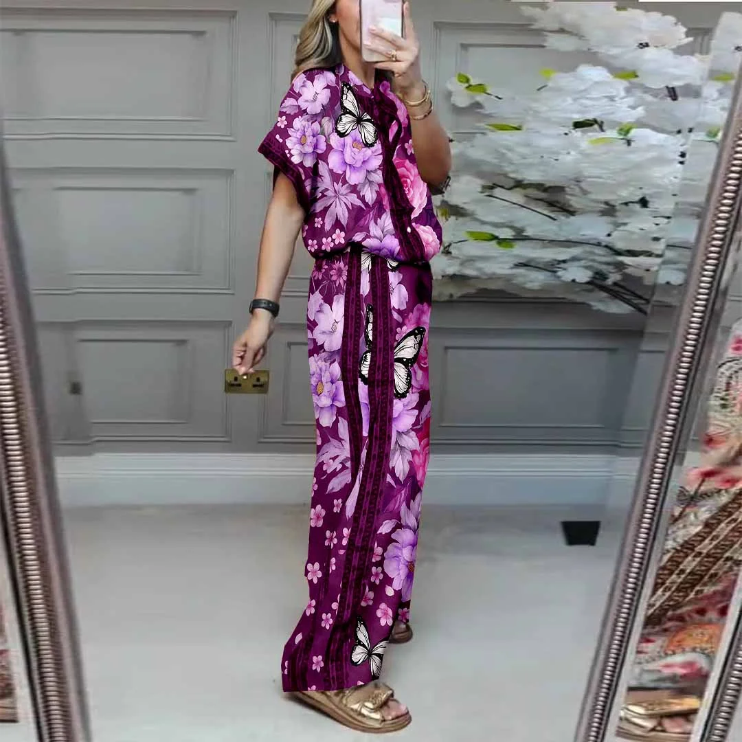 Women Floral, Butterfly, Red DZDL1174 V-neck Short Sleeve Blouse and Pants Set