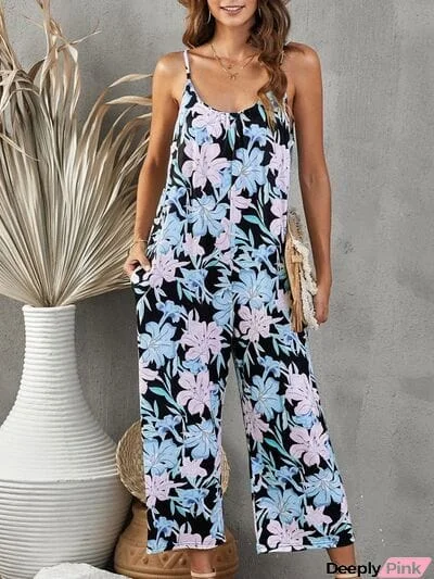 Printed Spaghetti Strap Jumpsuit with Pockets