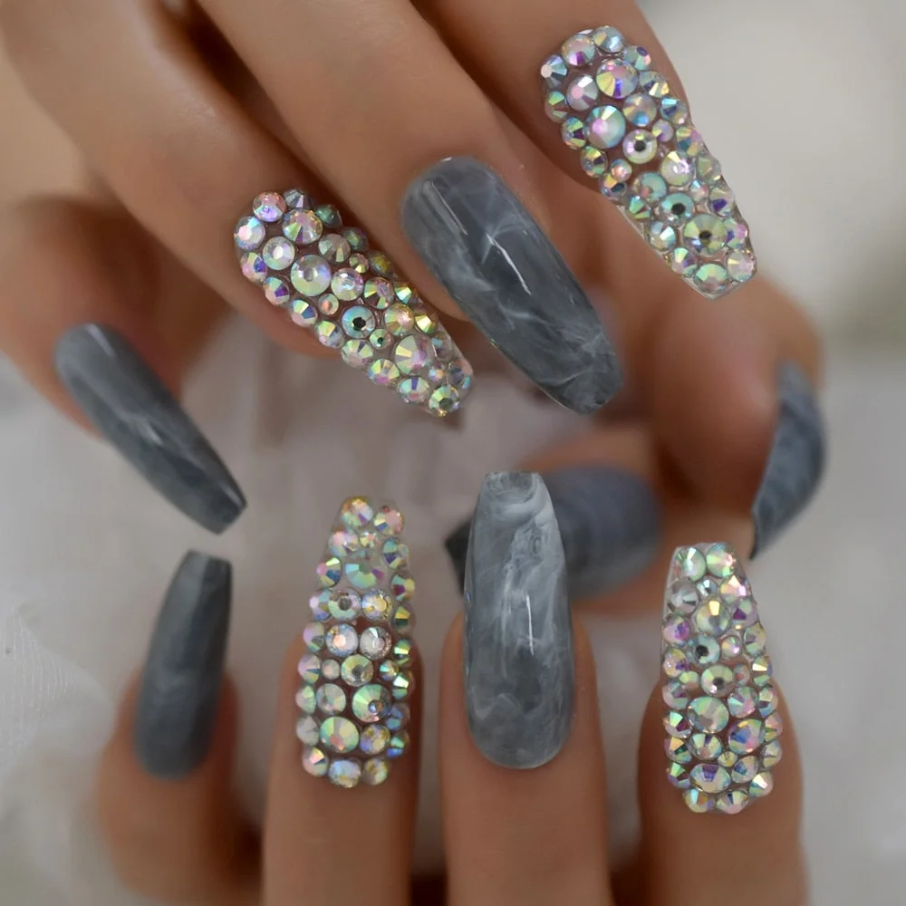 Luxury AB Stone Faux Ongles Rhinestones Decorative Extra Long Square Fake Nails Gegoues Designed Manicure Tips Nude Color-Nail Inspo