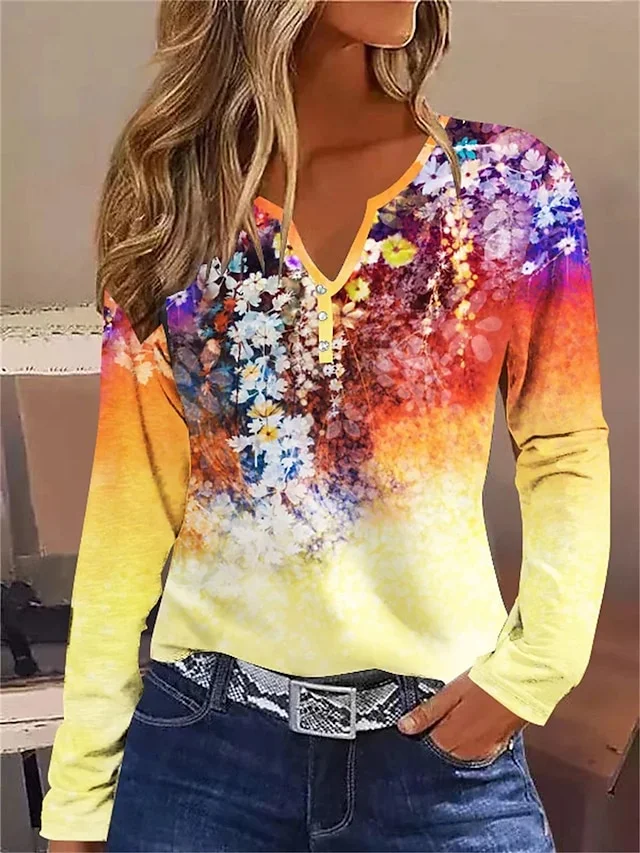 Women's T shirt Tee White Yellow Red Floral Button Print Long Sleeve Holiday Weekend Basic Neon & Bright V Neck Regular Fit Floral Painting Fall & Winter